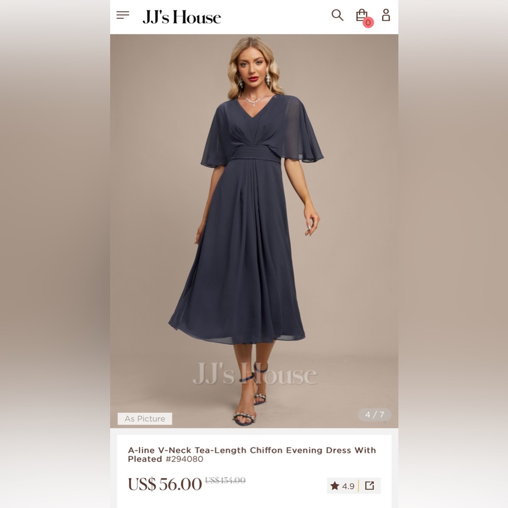 A-line V-Neck Tea-Length Chiffon Evening Dress With Pleated #294080